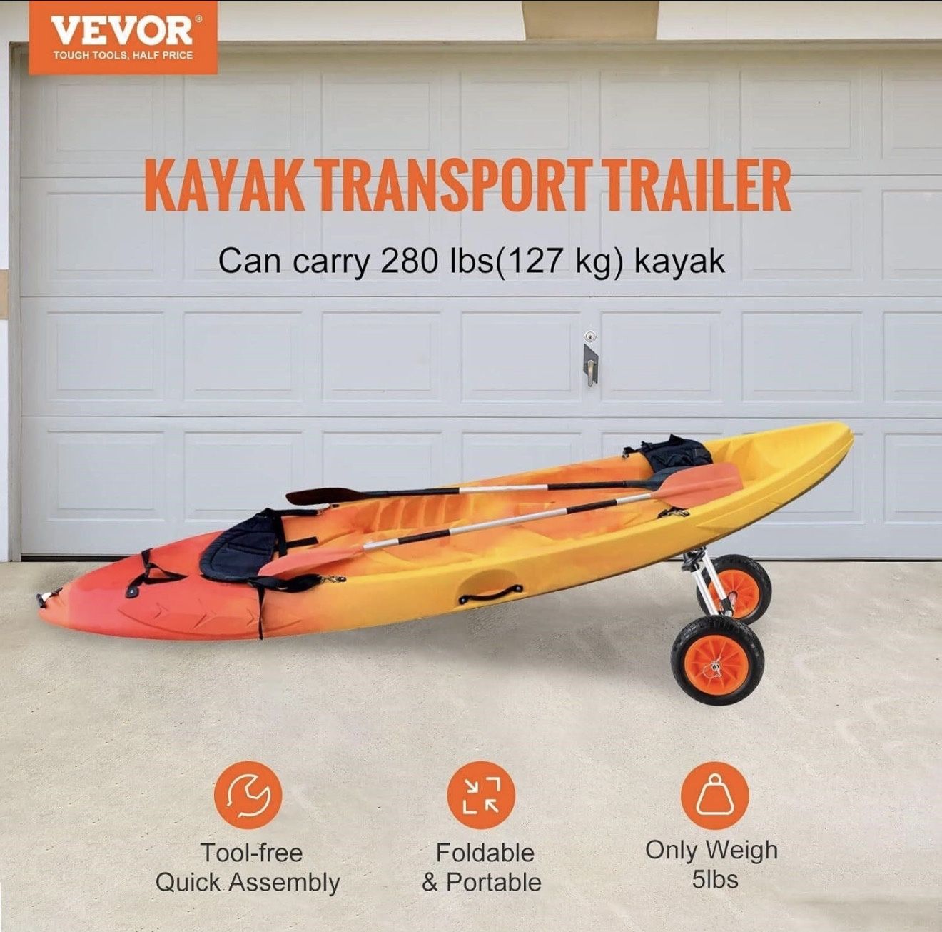 VEVOR Heavy Duty Kayak Cart, 280lbs Load Capacity, Detachable Canoe Trolley Cart with 10'' Solid Tires, Adjustable Width & Top Foam Protection, for Ka