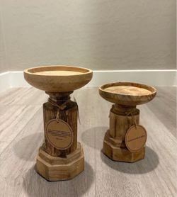 2pc NEW! Bronze Wood Country Cottage Candle Holder (Set of 2)Brown