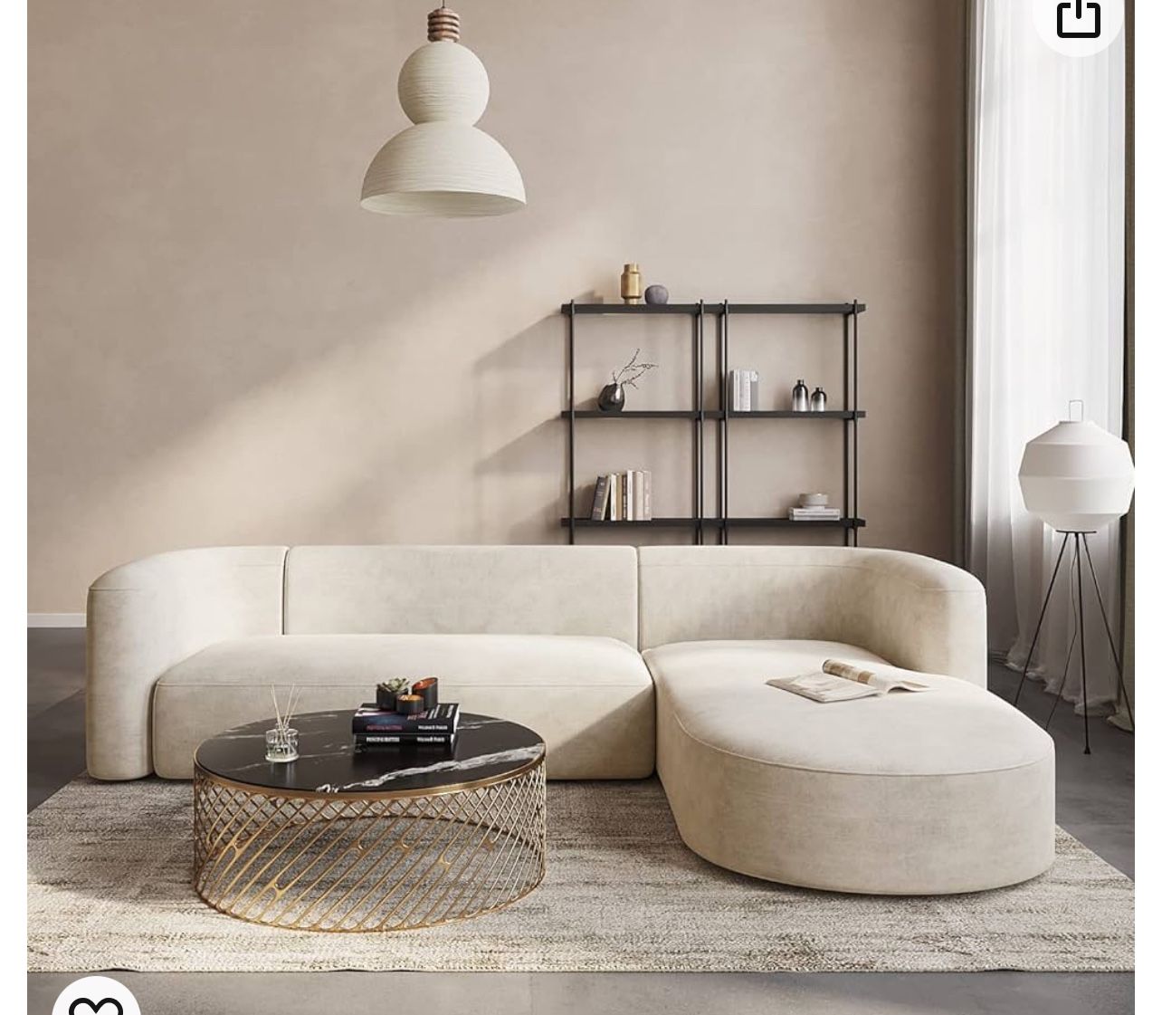 Acanva Luxury Modern Tight Curved Back Velvet Sofa, Minimalist Style Comfy Couch, Cream L-Shape Right Chaise