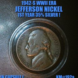 1942-S JEFFERSON WWII ERA 1ST 35% SILVER NiCKEL KM# 192a  VF IN CAPSULE !