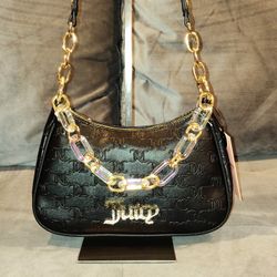 NWT JUICY COUTURE BLING BLING BLACK LICORICE MONOGRAM EMBOSSED SHOULDER BAG FEATURING A METAL MULTICOLOR RHINESTONE "JUICY" LOGO 