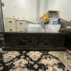 70-Inch Dark Brown Wood TV Cabinet with 2 Glass Doors and 2 Doors
