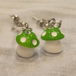 Green and White Mushroom Earrings
