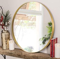 Round Mirror Circle Mirror 28 Inch Aluminum Alloy Frame Wall Mirror Large (Golden, Recessed)