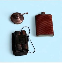 Vintage Utility Bundle: 8oz Leatherette Flask, Camo Binoculars & Mini Metal Oile