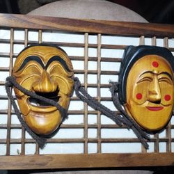 Hand Carved Wood Korean Hahoe Mask in Window Frame Yangban and Bune