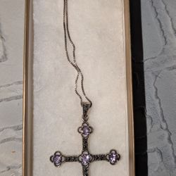 Silver Cross With Amethyst Stones/17" Chain