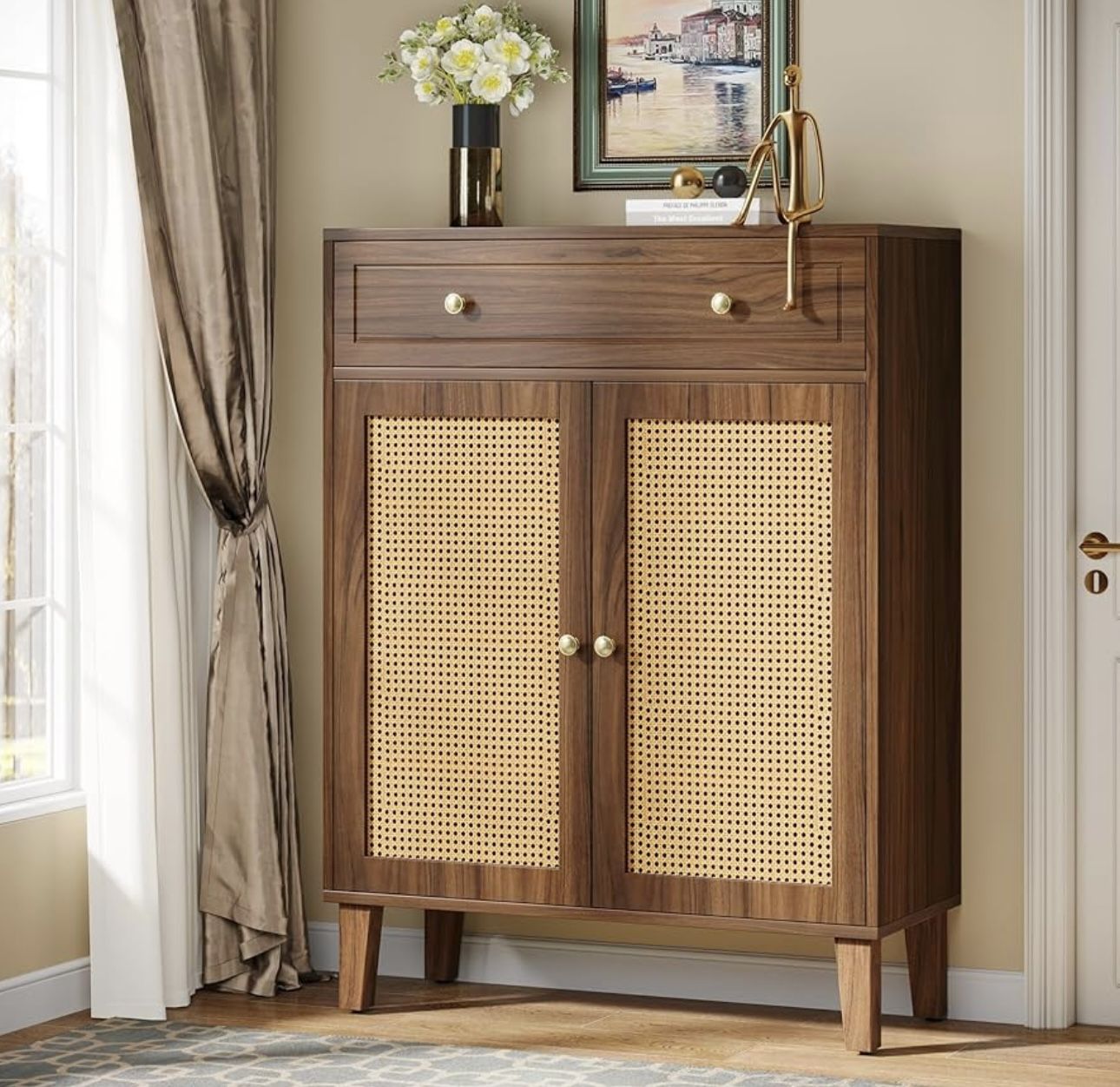 F2132 Shoe Cabinet with Doors and Drawer, Modern Shoe Storage Cabinet for Entryway, Rattan Shoes Cabinet with Adjustable Shelf, Wooden Shoe Organizer