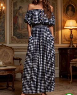 Blue and white checkered off-shoulder long dress- size XL/12 (New).