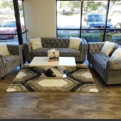 New Light Grey Velvet 3 Pc Set Sofa,love,chair K Furniture And More 