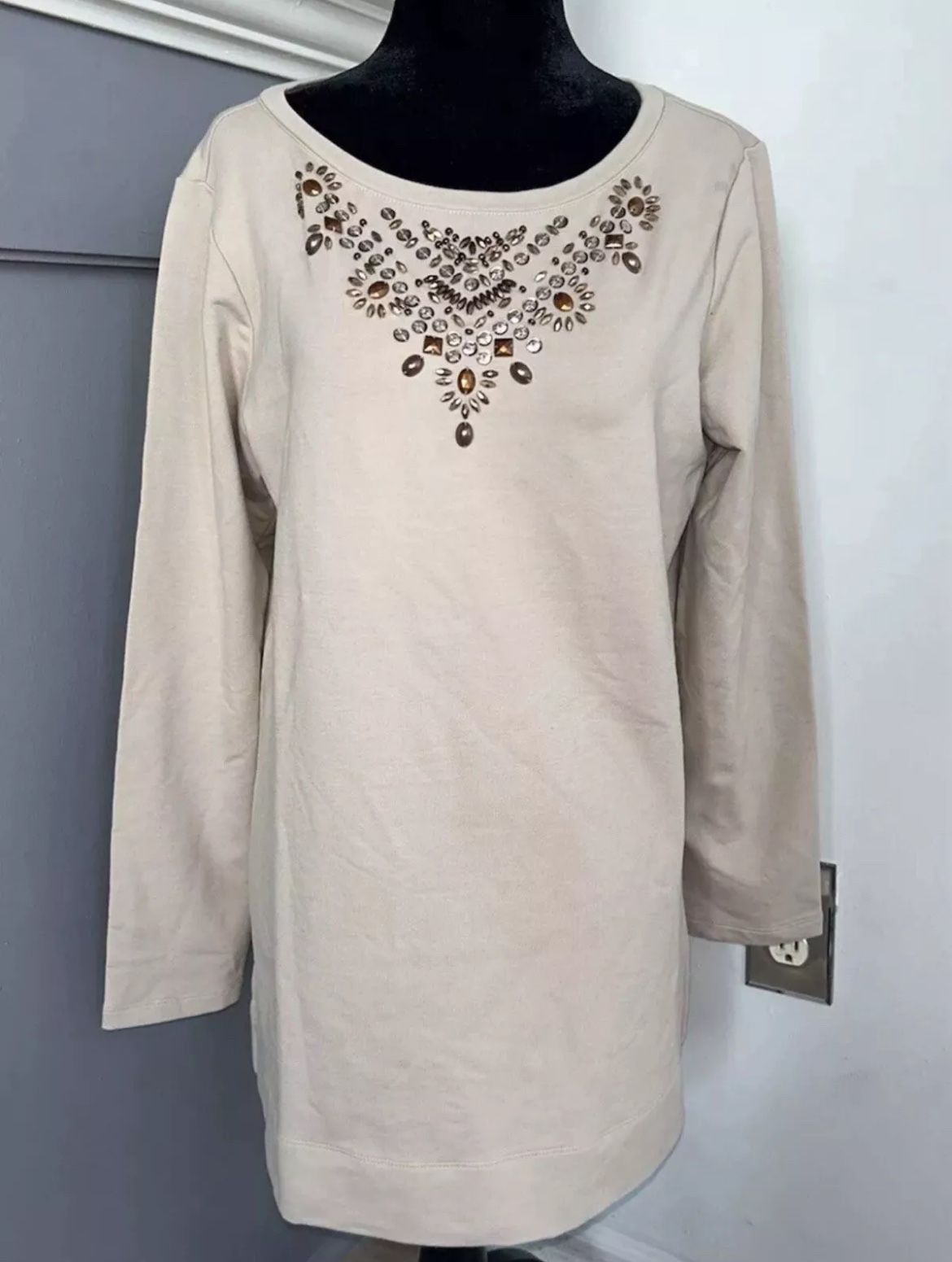 Susan Graver S Top Tan Beige Embellished Stretch 3/4 Sleeve Long Tunic Beaded