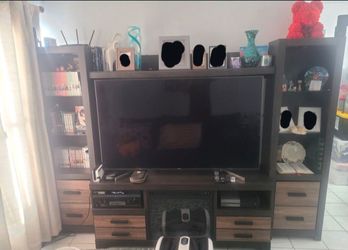 Large TV Stand w/ Fireplace. tall piers and bridge