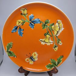 Vtg Italian Restaurant Ware Plate 8.25" Bright Orange Floral Butterfly Single