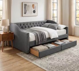Harper & Bright Designs Gray Wood Frame Twin Size Upholstered Daybed with 2-Drawer, Tufted Back, Notched Arms with Nailhead Trim