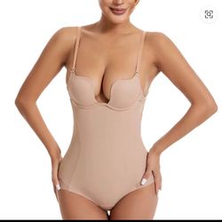Backless Multi-Ways Wear Double Layers U-Plunge Bra Buttocks Stripe Lace Open Hooks Crotch Tummy Control Slimming Waist Bodysuit Size: S Color: Tan
