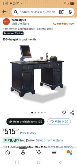 Homestyles Bedford Black Pedestal Executive Desk New