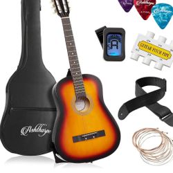 Ashthorpe 38-inch Beginner Acoustic Guitar Package (Sunburst), Basic Starter Kit w/Gig Bag, Strings, Strap, Tuner, Pitch Pipe, Picks
