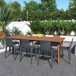 Brand New 9 Piece Rectangular Table With Stackable Grey Chairs Patio Dining Set | Ideal Furniture Set For Outdoor