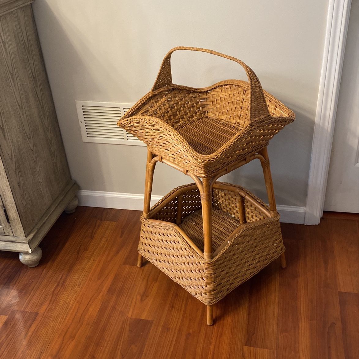 Wicker and Bamboo 2-Tiered Stand