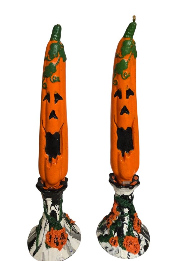 hand decorated Halloween candle holders with vintage jack- o lantern candles