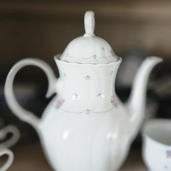 Antique Porcelain Coffee Pot ,6 cups, one sugar jar. Total $49