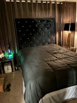 Black Tufted Velvet Headboard with Crystal Studs