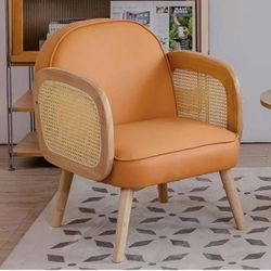 Mid Century Modern Accent Chair Set of 2 Upholstered Rattan Arm Chairs Faux Leather Reading Chairs for Living Room Bedroom Balcony Hobo Accent Chairs 