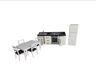 Doll House Furniture Kitchen Stove Refrigerator Table Chairs   READ BELOW