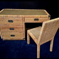 Vintage Woven Rattan Desk and Chair