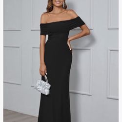 Women's Off Shoulder Mesh Ruched Long Dress Elegant Formal Party Maxi Dress