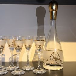 Vintage Gold Trim Decanter & Cordial Glass Set – Mid Century Barware