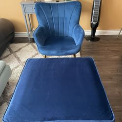 Blue Velvet Chair And Ottoman