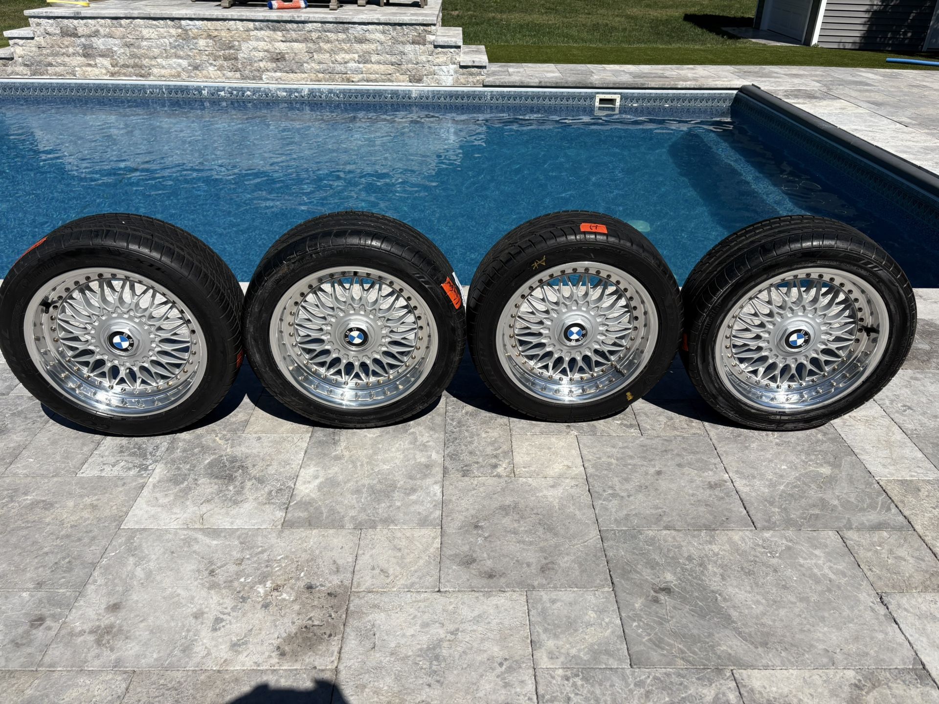 (4) 17" BMW RC090 STYLE 5 FACTORY OEM BBS WHEELS 17x8 SILVER Polished WITH TIRES