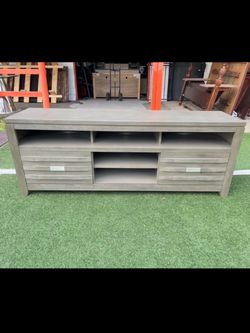 Gray Wood TV Stand with Drawers and Shelves