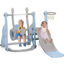 4-in-1 Kids Slide and Swing Set for Toddler Age 1-5, Extra Large Baby Indoor Outdoor Activity Playground with Basketball Hoop and Climber