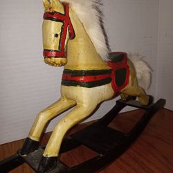 Hand Carved And Painted Wood Carousel Style Rocking Horse Rabbit Fur Tail / Main $23f