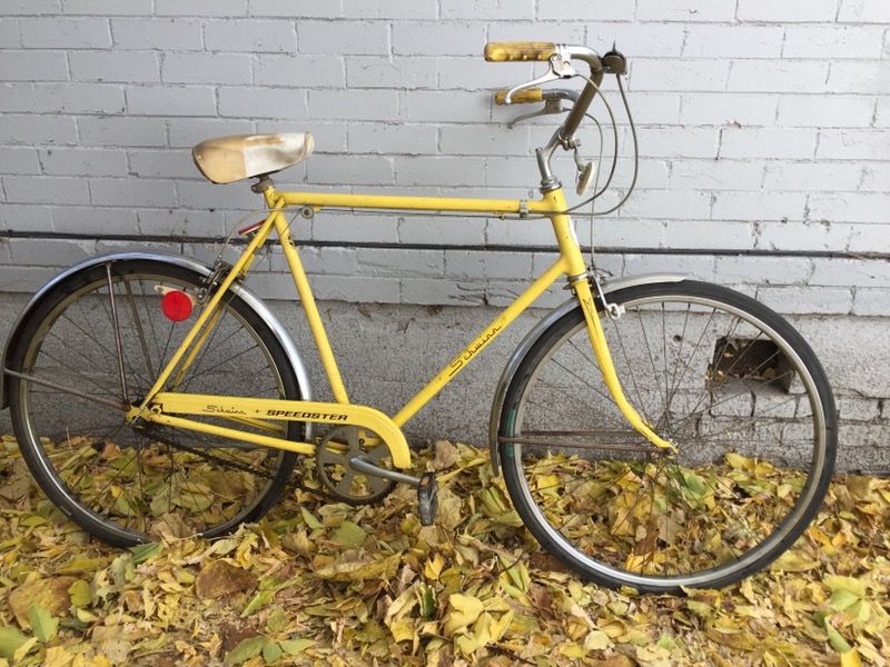 vintage 1950s 1960s era bright yellow schwinn speedster bike bicycle cruiser classic hybrid - men's style. 24 inch frame. all original except for one