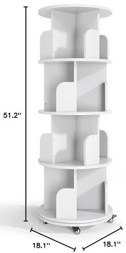 Rotating Bookshelf, 4 Tier Revolving Bookcase with Brake Wheels 360° Display Round Bookshelf Narrow Swivel Corner Book Shelf Standing Bookcase