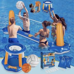 Large Pool Volleyball Set & Basketball Hoop - 125''x38”x30” for Inground Includes 2 Balls & 2 Weight