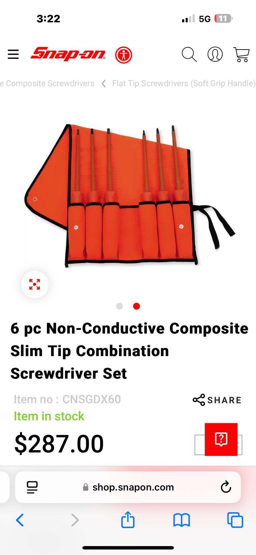 Snap On 6 pc Non-Conductive Composite Slim Tip Combination Screwdriver Set