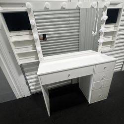 White Vanity Desk with Lighted Mirror