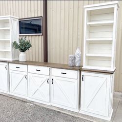 Custom TV Stand Cabinet Entertainment Center TV Lift Modern Rustic Farm House Barn Doors Console Handmade Restorations hardware Insp. Bookshelves 