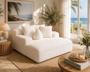 51'' White Corduroy Fabric Compressed Chaise Lounge Sofa Bed with Deep Seat and Cloud Couch Design.