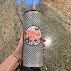  Palm Springs Drink Tumbler with Straw Grey Pink Travel Mug Water Bottle