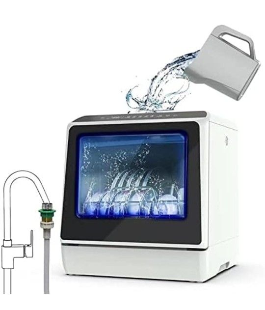 Portable Countertop Dishwasher with 5 Programs, 3-Cup Water Tank, Fruit/Veg Basket, High Temp, Air Dry