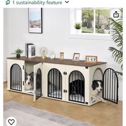 Dog Crate Furniture, 71" Heavy Duty Dog Kennels with Removable Divider, TV Cabinets, Wooden Dog Crate for 2 Dogs, with Cushion, Chew-Resistant, White 