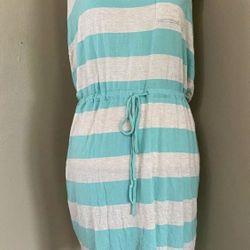 Olive & Oak Teal Beige Stripe Sleeveless Summer DRESS Drawstring Stretch size Lo