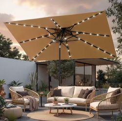 10 ft. x 6.5 ft. Solar Powered Patio Market Umbrella in Tan Brown Rectangular Outdoor Umbrella with Double Top