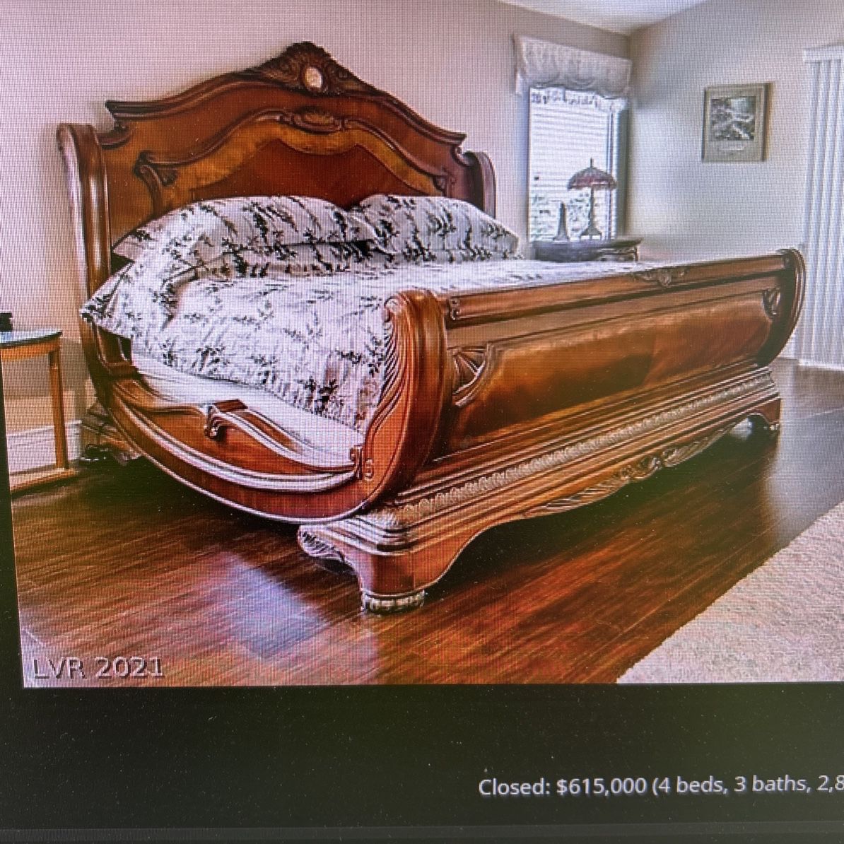 Elaborate Sleigh Bed And Dresser With Mirror