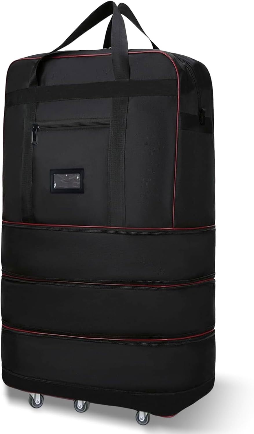 Expandable Rolling Duffel Bag with Wheels – Foldable Travel Suitcase Luggage (Black w/ Red Trim)